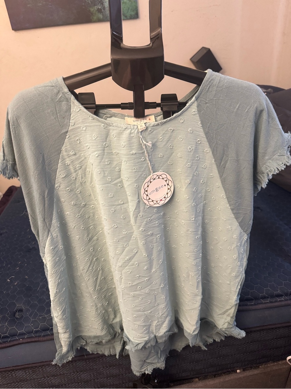 Umgee Powder Blue Textured Raglan Frayed Hem Top